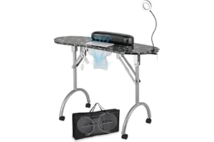 LEIBOU Bärbart, vikbart manikyrbord, 89 cm (30 tum), med USB-LED-förstoringsglas, dammsamlarfläkt, svamp, bärväska (svart blomma)