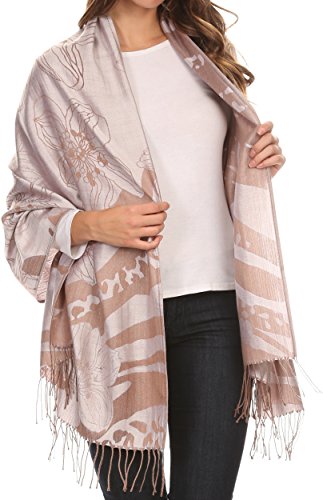 Sakkas 16117 - Reiley lungo largo stampata floreale patterened Fringe Pashmina Scialle/sciarpa - argento/Brown - OS