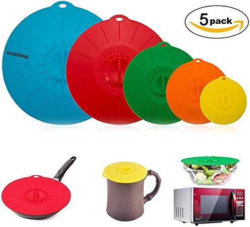snaideal 5 Pack Muticolor Food Covers for Bowls, Pots. Pans and Skillets, Microwave and Keep Kitchen Neat &amp; Food Fresh , Reusable Universal Silicone Suction Lids for Environmental 