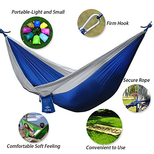 Camping Hängematte, FILWO Tragbare Hängematte für Outdoor Indoor Reise Garten Strand, Große Hängematte 270 x 140CM Tragfähigkeit bis zu 300KG 660LB für 1 oder 2 Erwachsene Doppel Hängematte (Royalblau + Grau) - 3