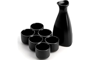 Tosnail Service à saké japonais 7 pièces en céramique, 1 carafe de service et 6 tasses – Noir