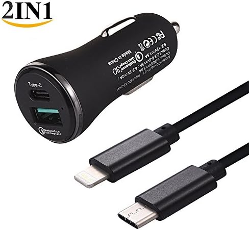 YOMAIS 2in1 USB C Car Charger Kit 33W Quick Charge QC 3.0 USB Type C Car Charger + 3A USB C to Lightning Data Sync Charging Cable Charger Cord for iPhone 7 7Plus 6 6Plus
