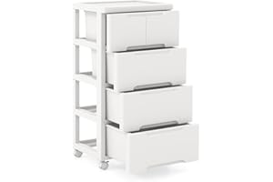 GIANTEX Tour de Rangement Plastique 5 Tiroirs avec roulettes, Meuble Tiroir, Dessus Spacieux, Caissons de Rangement, Tiroirs de Tailles Différentes, Caisson Bureau pour Salon, Salle de Bain, Blanc