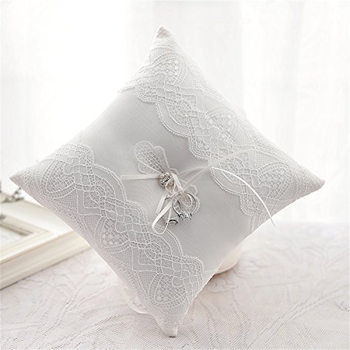 Hochzeit Ringkissen Kissen gestickte Blumen mit Schleife 19cm * 19cm — Ivory - 3