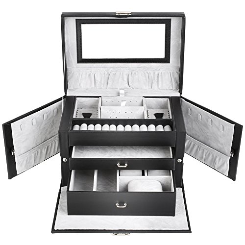 Femor Schmuckkästchen abschließbar Schmuckkoffer mit 3 Schubladen Schmuckkasten mit Minibox und Innenspiegel(Schwarz) - 2