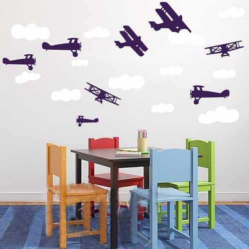 Biplane With Clouds Airplane Decal Nursery Wall Sticker Home Decor For Playroom Baby Room Kids Room (White + Navy blue,s)