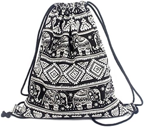 Erinfam Drawstring Back Sack Gym Bag Elephant Black Canvas Geometric Pattern Printed Retro Leisure Sport Bag/Travelling Backpack Moveable Beach Bag, Pattern 1