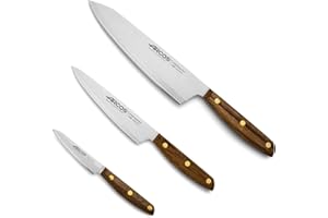 Arcos Serie Nordika - Set 3 Coltelli Cucina (Spelucchino + Coltello Cucina + Coltello Chef) - Acciaio Inossidabile NITRUM - Manico in legno Ovengkol FSC naturale al 100% - Confezione riciclata al 100%