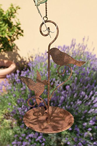 Vogeltränke zum hängen Futterstelle aus Metall für Vögel mit 2 Vögeln Braun Wasserschale Rostfarben - 3