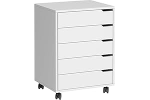 soges Classeur Vertical 5 Tiroirs avec Roulettes - Meuble de Bureau Mobile avec Poignées - Rangement à Tiroirs pour Bureau Domicile - Blanc