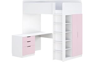‎SHEFA Shefa Kids Hochbett Mit Schreibtisch - Platzsparendes 5-in-1 Hochbett Kinder Mit Treppe, Kleiderschrank, Regal & Arbeitsbereich - Rosa, Belastbar Bis 90 Kg, Maße: 206 x 107 cm