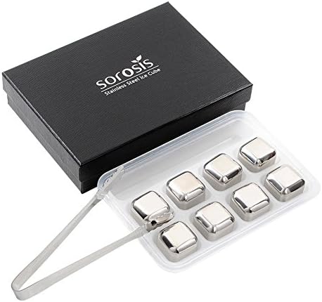 Sorosis Reusable Chilling Stainless Steel Ice Cube Cooler Stone with Tray &amp; Tong for Whiskey Wine Beer Beverage,Pack of 8