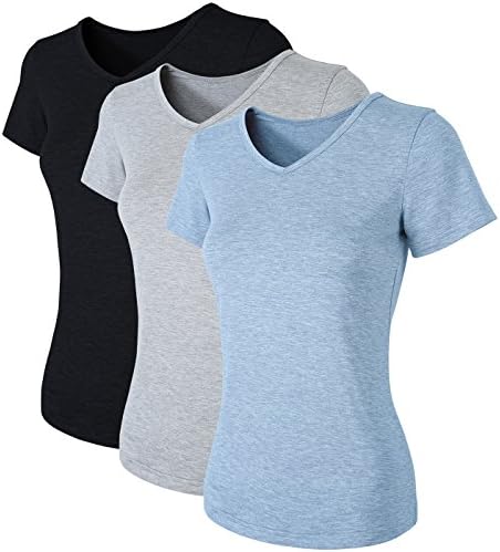 AUSERO Pack Of 3 Women's V-Neck Cotton Blank Basic Tee T-Shirt(Black+Gray+Light Blue,M)