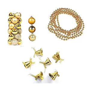 Forty Wings 24 Balls and 6 pcs Golden Bells and 6 Golden Beaded Chain Christmas Tree Ornaments Xmas Tree hangings Ornaments Pack of 36 Pcs
