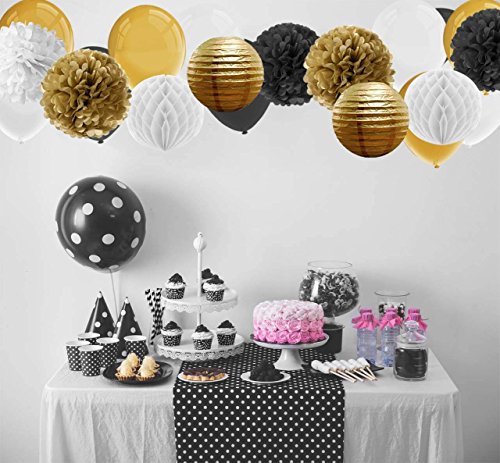 Paxcoo 73 Pcs Black and Gold Tissue Paper Pom Poms Lanterns with Balloons for Birthday Party Decorations