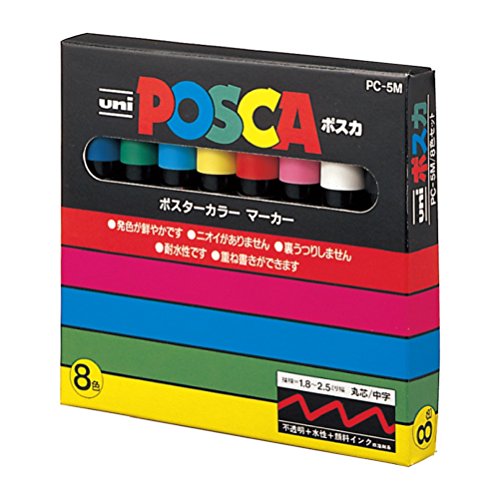 uni-ball 182512 - Marker UNI POSCA mit mittelfeiner Rundspitze, 8er Set, Grundfarben