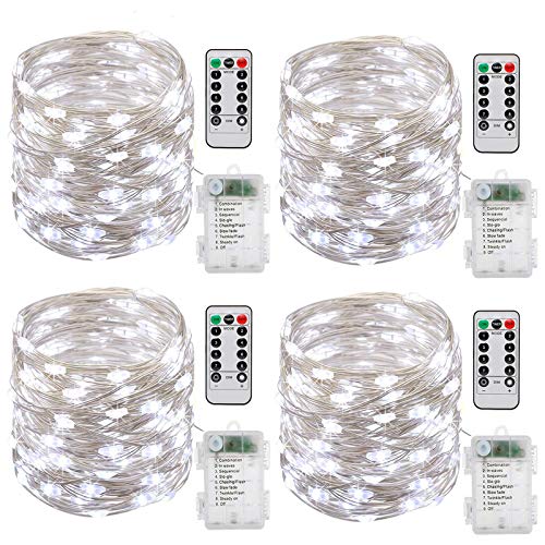 Cadena de Luces LED,4 PCS 10M 100LEDs luces de hadas de hilo 8 modos temporizador impermeable cuerda luces de alambre de plata con control remoto(Blanc Froid)