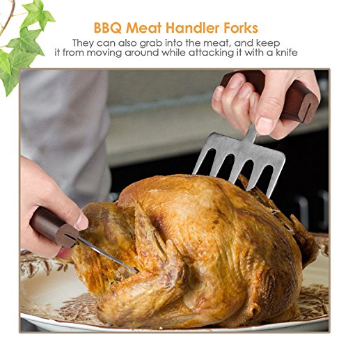INTEY Edelstahl Pulled Pork Krallen 2-teilig Fleischkrallen BBQ Meat Claws mit Holzgriffen als Schneidhilfe für Grill, 1 Paar - 4