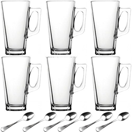 6 x 240ml Coffee Tall Clear Glass Cafe Latte Cappuccino Mug Cup &amp; Free Spoons.