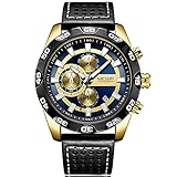 Megir Armbanduhr Herren Uhren Luxus Sport Schwarz lederarmband Groß und Gold Zifferblatt Chronograph Kalender Wasserdicht Leuchtend