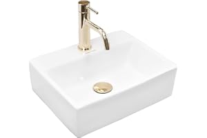 VBChome Lavabo de cerámica blanco rectangular con agujero para grifo, 39 x 30 cm, pequeño lavabo de mano, lavabo para invitados, inodoro