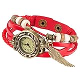 Taffstyle Damen-Armbanduhr Retro Vintage Geflochten Leder-Armband mit Charms Anhänger Analog Quarz Uhr Flügel Gold Rot