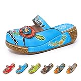  gracosy Zuecos Cuero Mujer, Zapatos Cuña Verano 2019 Tacon Plataforma Bohemias Casual Boda Fiesta Sandalias Mules Vestir con Flor Niña Azul Rojo Verde Gris Grandes