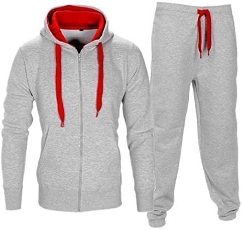 Mens Contrast Hooded Long Sleeve Zip Up Brushed Fleece Tracksuit SILVER RED/2XL