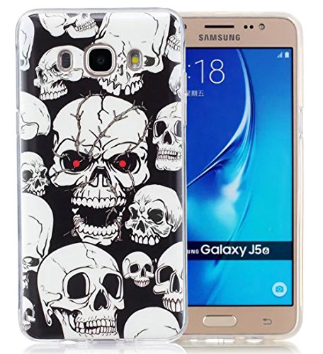 Back Cover Neu Tasche ISENPENK Für 5,2-Zoll Samsung Galaxy J5(2016)/J5(2016) Duos/J510 Hülle Silikon Tiere Muster Ultra Slim Schutzhülle Wasserdicht Stoßfest Soft TPU Handyhülle Case[Schädel Schwarz+Weiss] Glanz nachts - 2