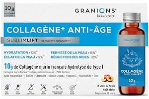 GRANIONS - SHOTS de Collagène Marin à Boire - SUBLIMLIFT - Goût Pêche - 10 g de Collagene Hydrolysé de type I - Bas Poids Moléculaire - Collagene et Acide Hyaluronique | 10 shots de 50mL