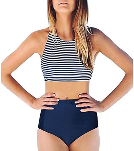 Janly® 2 Piece Stripe Bikini Set Spa Swimsuit Bathing Suit with High Waist Bikini Bottoms Plain Bikini Crop Tops for Ladies Womens