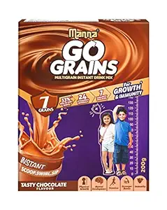 Manna Go Grains | 200g | Chocolate | Health and Nutrition drink for Kids | Multigrain Malted Drink for Growth & Immunity. High Protein | 7 Immunity builders | 24 Vitamins and Minerals for Growth