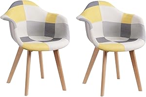 GrandCA HOME Lot de 2 Ffauteuils Patchwork Scandinaves avec Pieds en Bois de Hêtre Massif et Assise en Polyester Rembourré Multicolore, Jaune