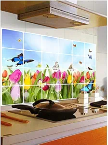 Jaamso Royals Removable Kitchen Oil Proof Decal Sticker Heat-Resistant Waterproof Tile Sticker Aluminium Foil Wall Sticker ( Tulip Flowers and Butterflies) (60 cm * 90 cm)
