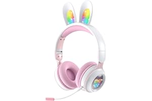 Woukksy 2023 Bluetooth Kopfhörer Kinder, Faltbarer Kabellos Kinderkopfhörer mit Abnehmbarem Mikrofon, Hasenohr LED Leuchten, Kinder Kopfhörer 85dB Lautstärkebegrenzung für Schule/Reisen (Pulverweiß)