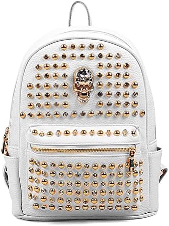 Fieans Women's Punk Style Leather Backpack Full Studded Rivet Skull Shoulder Bag Daypack Book Bag White