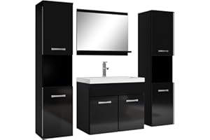 Badplaats B.V. Badezimmer Badmöbel Set Montreal XL 60cm Waschbecken Schwarz Hochglanz Fronten - Unterschrank Hochschrank Waschtisch Möbel