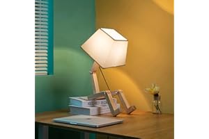 Elinkume Cute Robot lampa biurkowa, lampki nocne, przyciemniane, kwadratowe abażur, światło nocne, z litego drewna Funky Lampa dla dzieci, do sypialni, gabinetu, do salonu