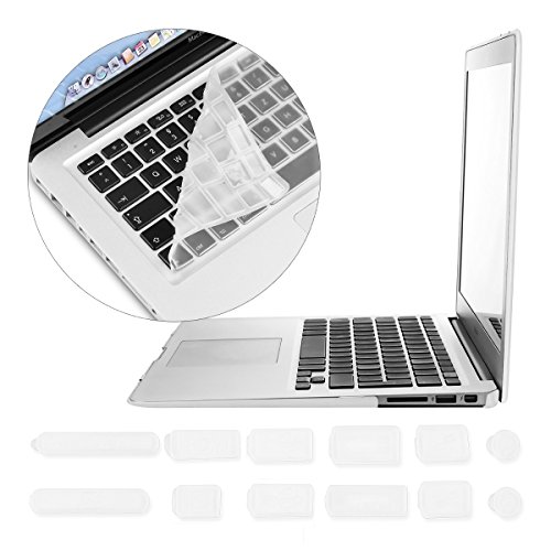 kwmobile 3in1 Set: Crystal Hülle für Apple MacBook Air 13″ (Modelle ab Mitte 2011) Hard Case – transparente 2-teilige Schutzhülle Cover Tasche in Transparent + 12er Staubschutz-Set + Keyboard Skin Tastaturschutz - 5