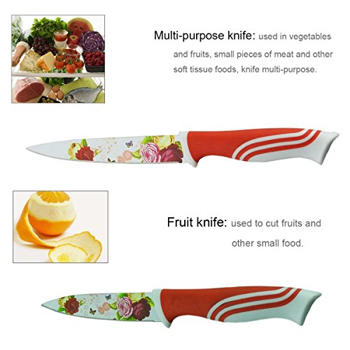 Edelstahl 5 Stück Messer Set mit Messer-Box, Kissal Küchenmesser mit schönen gedruckten Blumen Kreatives Leben Wonderful Kitchen – Rot - 4