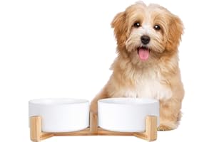 AHX Comedero Perro y Comedero Gato con Soporte Antivuelco de Madera para Comida y Agua - Comederos y Bebederos para Perros Gatos Doble de Ceramica 2 x 850 ml