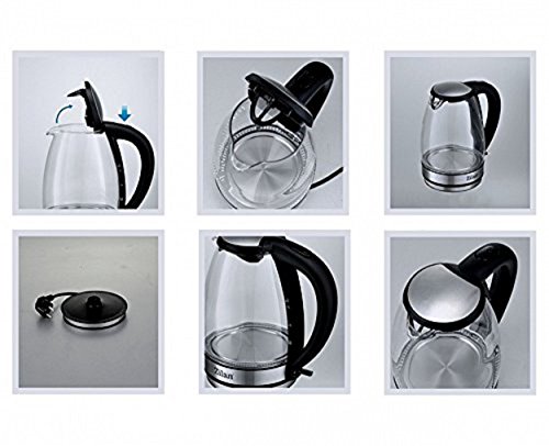 Glas Edelstahl Wasserkocher 2.200 Watt 1,7 Liter LED Beleuchtung kabellos 360° (Glas-EDELSTAHL) - 2
