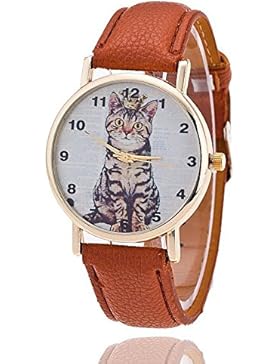 Unisex Armbanduhr Quarz Katze Ziffern gold Lederband braun