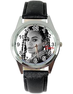 taport® Beyonce Quarz Runde Uhr Schwarz Echt Leder Band + Gratis Ersatz Batterie + Gratis Geschenkverpackung