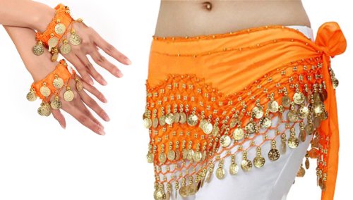 MBW Belly Dance Bauchtanz Kostüm orange Hüfttuch + ein paar Handketten Fasching Karneval Tanzaufführung