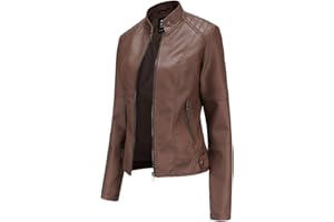 Hiser Giacca Corta da Donna in Pelle PU Giacca Tasche con Cerniera Vintage Cappotti Manica Lunga l'autunno e l'inverno Bike Motocicletta Giacchetto Jacket