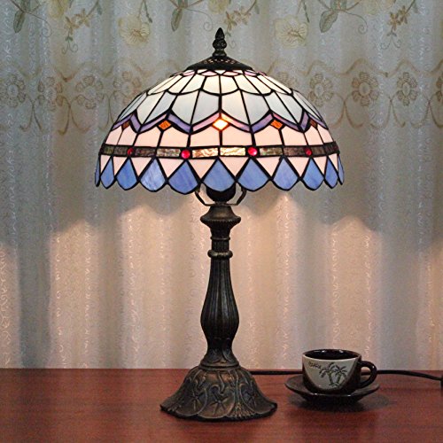12 Pollici Di Stile Blu Dellannata Pastorale Mediterraneo Piuma Di Vetro Macchiato Di Stile Di Tiffany Lampada Da Tavolo Da Letto Lampada Da Comodino