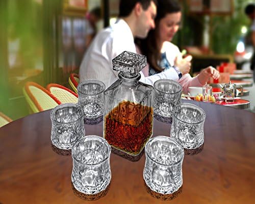6 x 200ML GLASS WHISKEY WINE TUMBLERS &amp; SQUARE GLASS DECANTER BOTTLE BOXED SET
