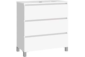 Baikal Conjunto de Mueble de Baño LESI. Compuesto por Mueble con Patas y Lavabo Cerámico. Tres Cajones. Melamina 16mm. Mueble MONTADO. Fondo 39cm 80 cm Blanco Mate