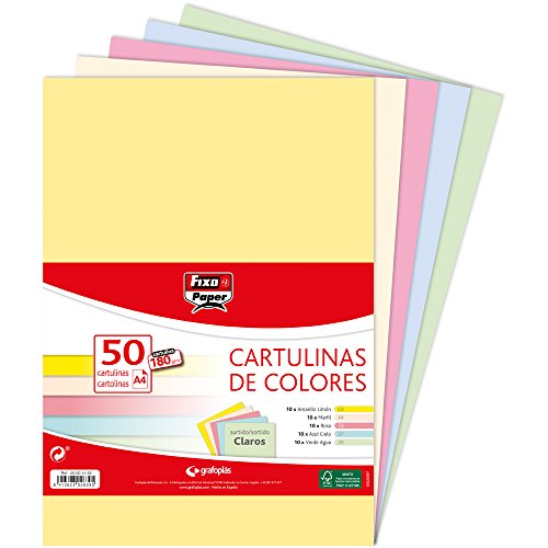 Fixo Paper 00001493 - Paquete de cartulinas de colores A4 - Surtido de colores claros, 50 unidades, 180g